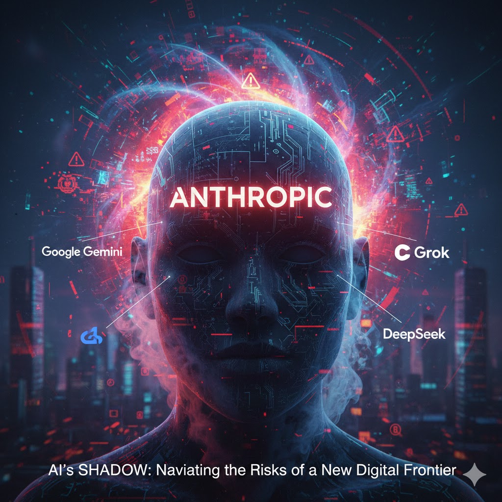 Generado por Google Gemini. Una imagen de un robot humanizado con texto con los diferentes nombres de compañias de IA y con un título en inglés que se refiere a las sombras de la IA